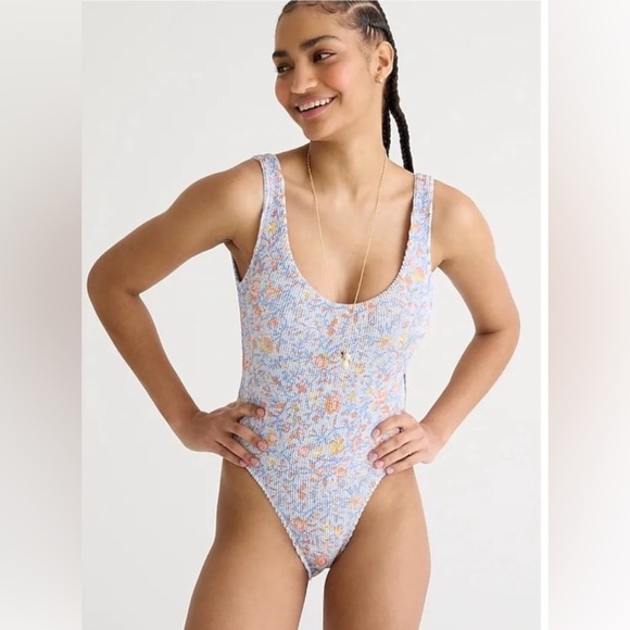J. Crew Scrunchie Classic Scoop Neck One Piece Swimsuit Blue Floral NEW - Picture 1 of 7
